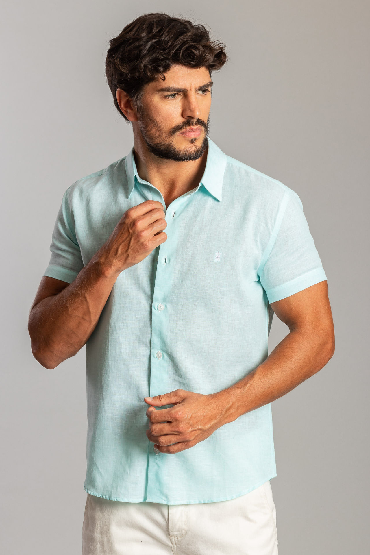 Camisa Manga Curta Linho S25 - Turquesa
